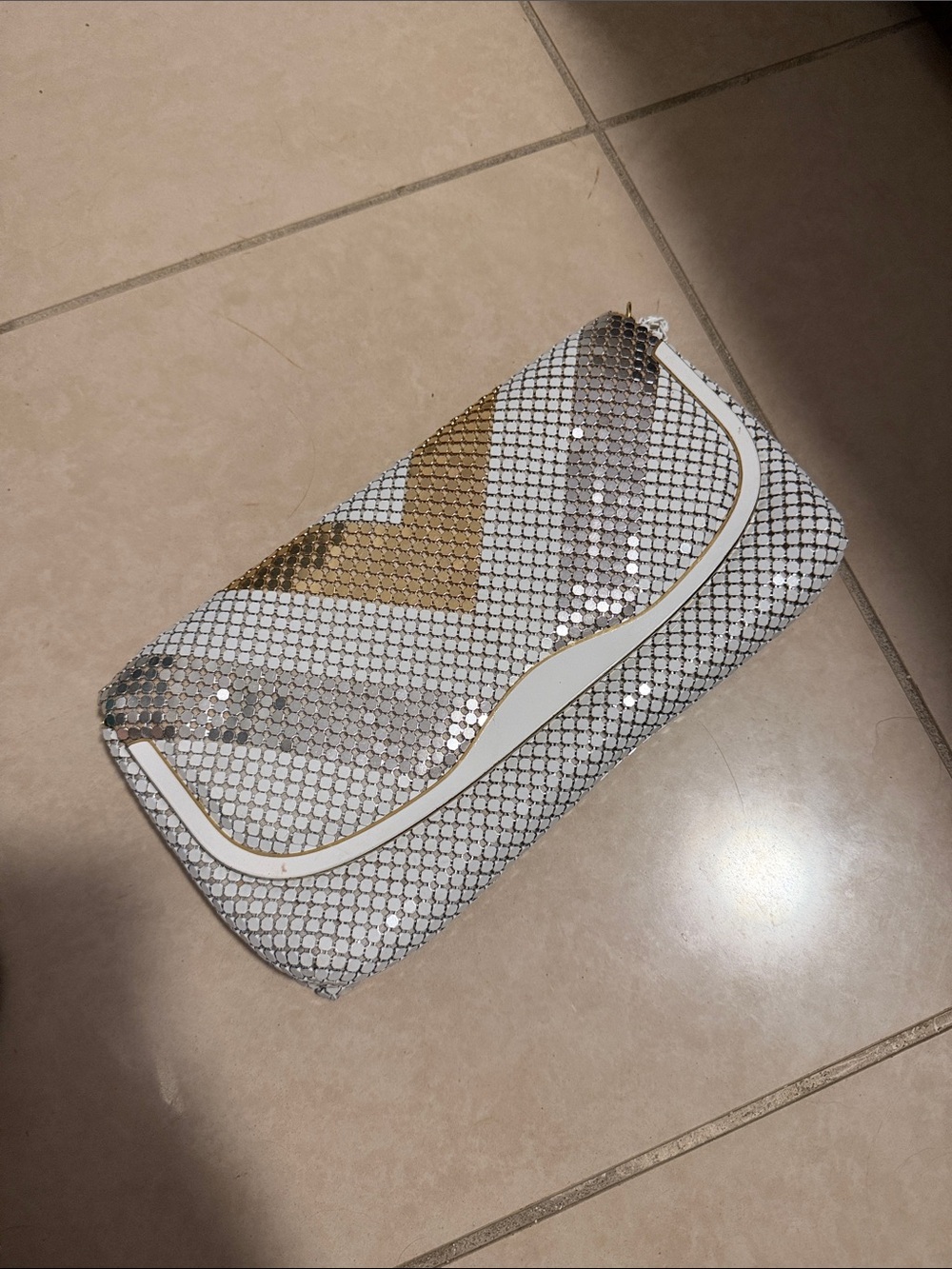 Sequin Chevron Clutch Bag in White, Silver & Gold